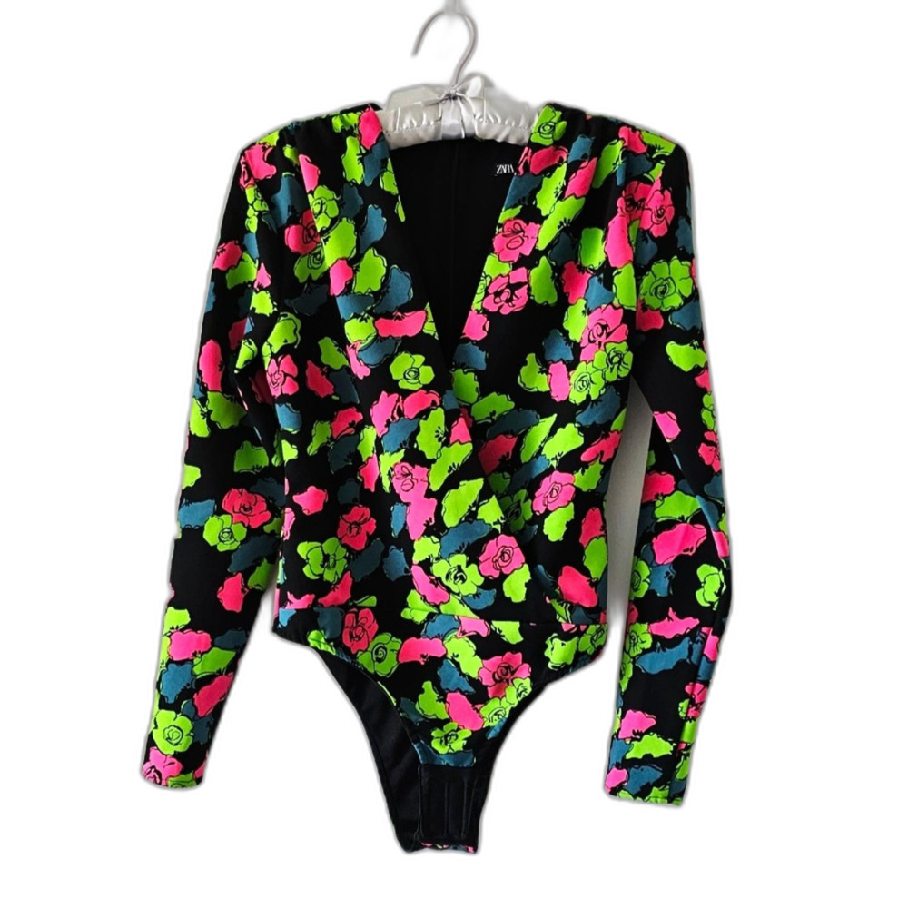 ZARA Women Bodysuit Neon Size S Colorful Floral Long Sleeves V Neck Lined NWOT
